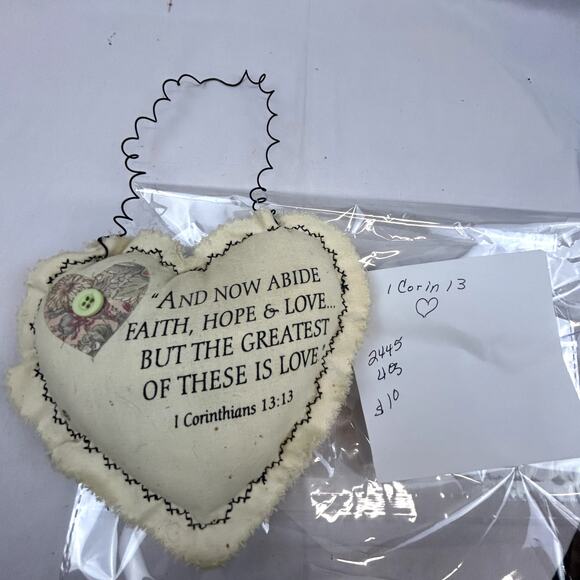 Cloth Heart with Wire hanger I Corinthians 13:13 faith hope & Love handmade - Picture 5 of 5